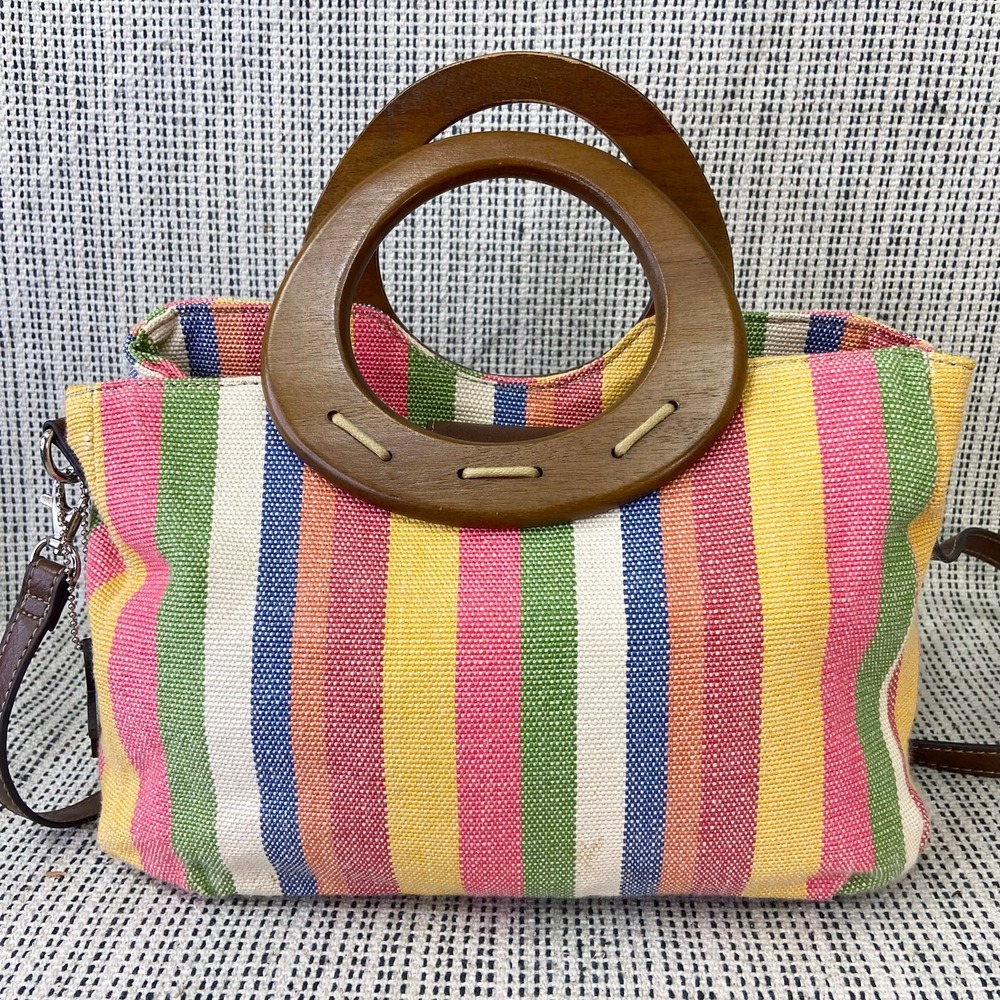 Relic Satchel Bag‎ Wood Handle Woven Striped Multicolor Crossbody Purse Y2K Boho - Picture 7 of 15